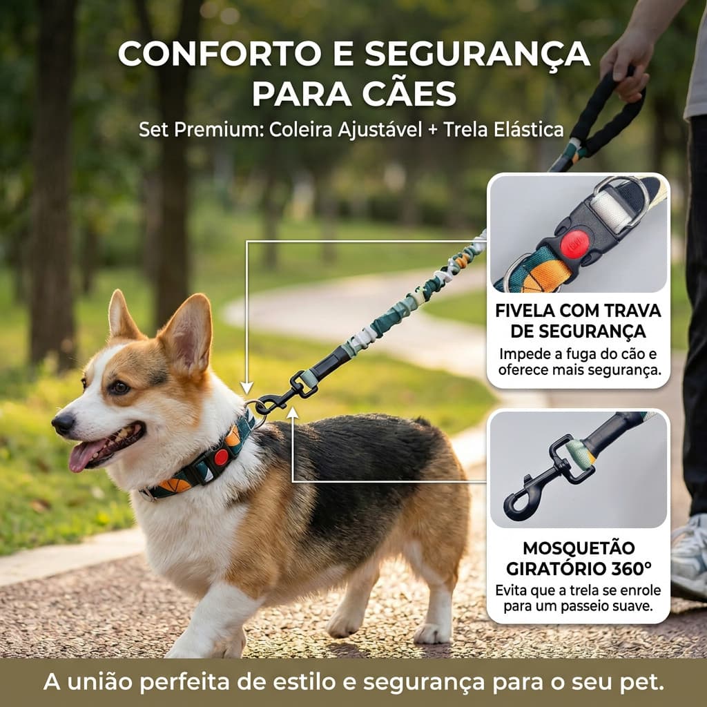 Coleira Para Cachorro e Guia Pet Para Gato Ajustável com Trava de Segurança Para Porte Médio Pequeno e Pitbull