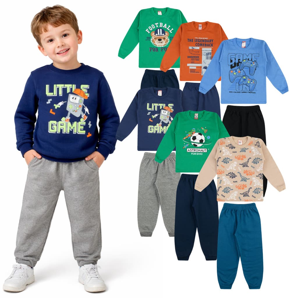 Kit 10 Peças 5 Conjunto Moletom Infantil Menino Cleomara Frio Outono Inverno Algodão