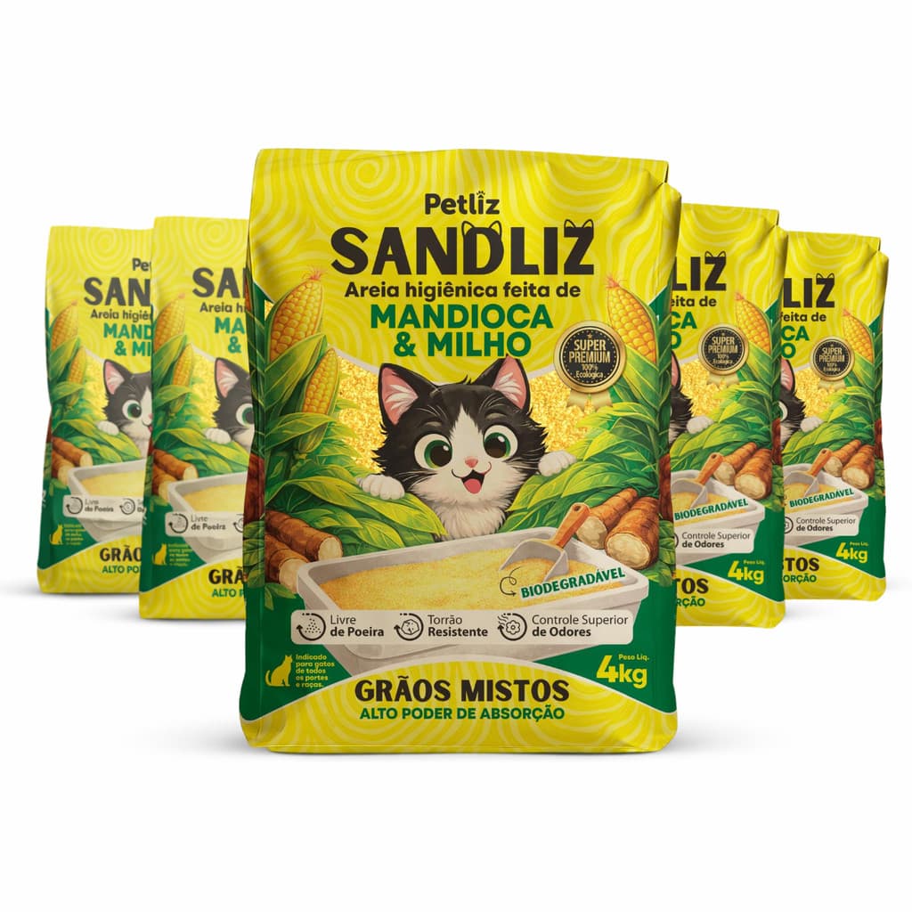 Kit 5 Areia Sanitária Higiênica Natural Premium Mista de Milho e Mandioca Gatos Sandliz Petliz 4 kg