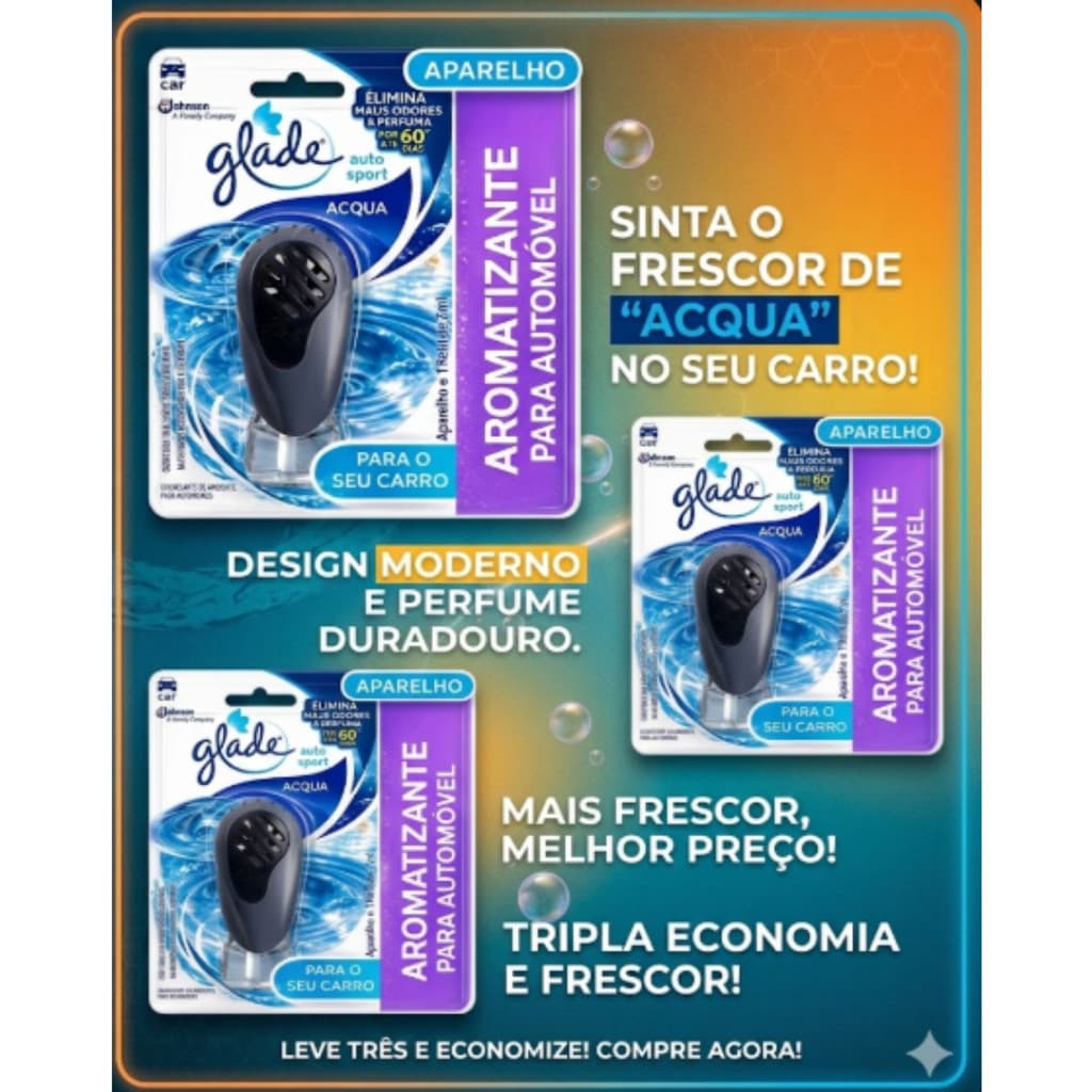 Kit Com 3 Glade Auto Sport Acqua 7ml Aromatizador Para Carro Com Aparelho
