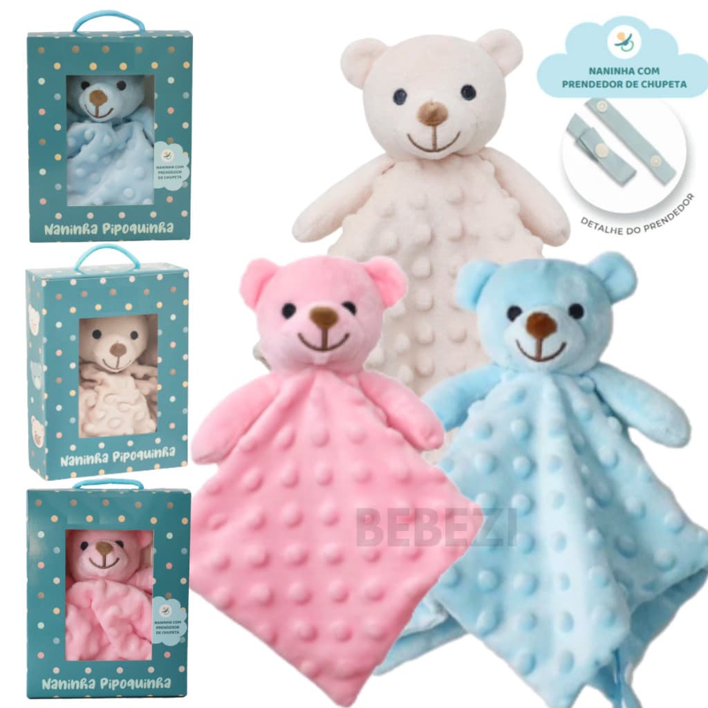 Naninha Bebê com Prendedor de Chupeta - Urso Azul Bege e Rosa - Pelucia Pipoquinha Hipoalergenica