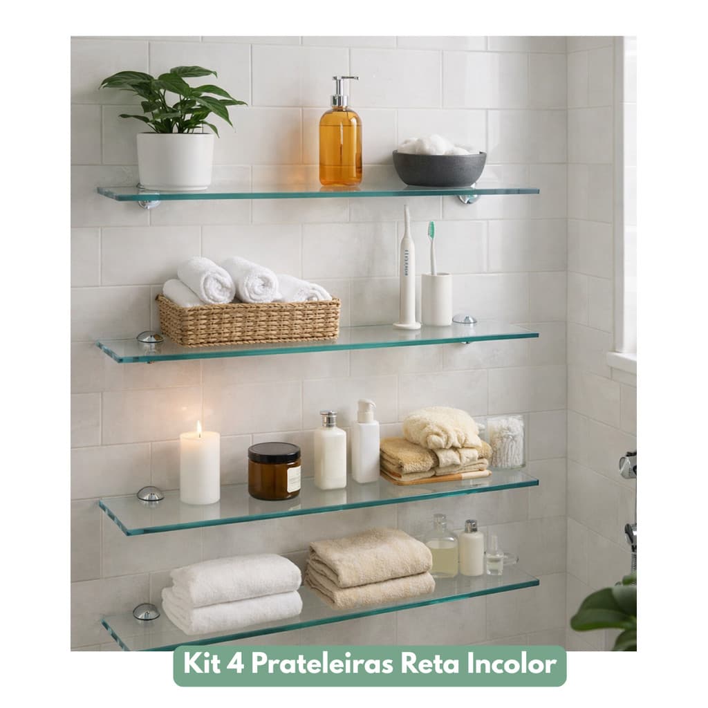 KIT 4 PRATELEIRAS RETA DE VIDRO BANHEIRO 50X15 8 MM INCOLOR