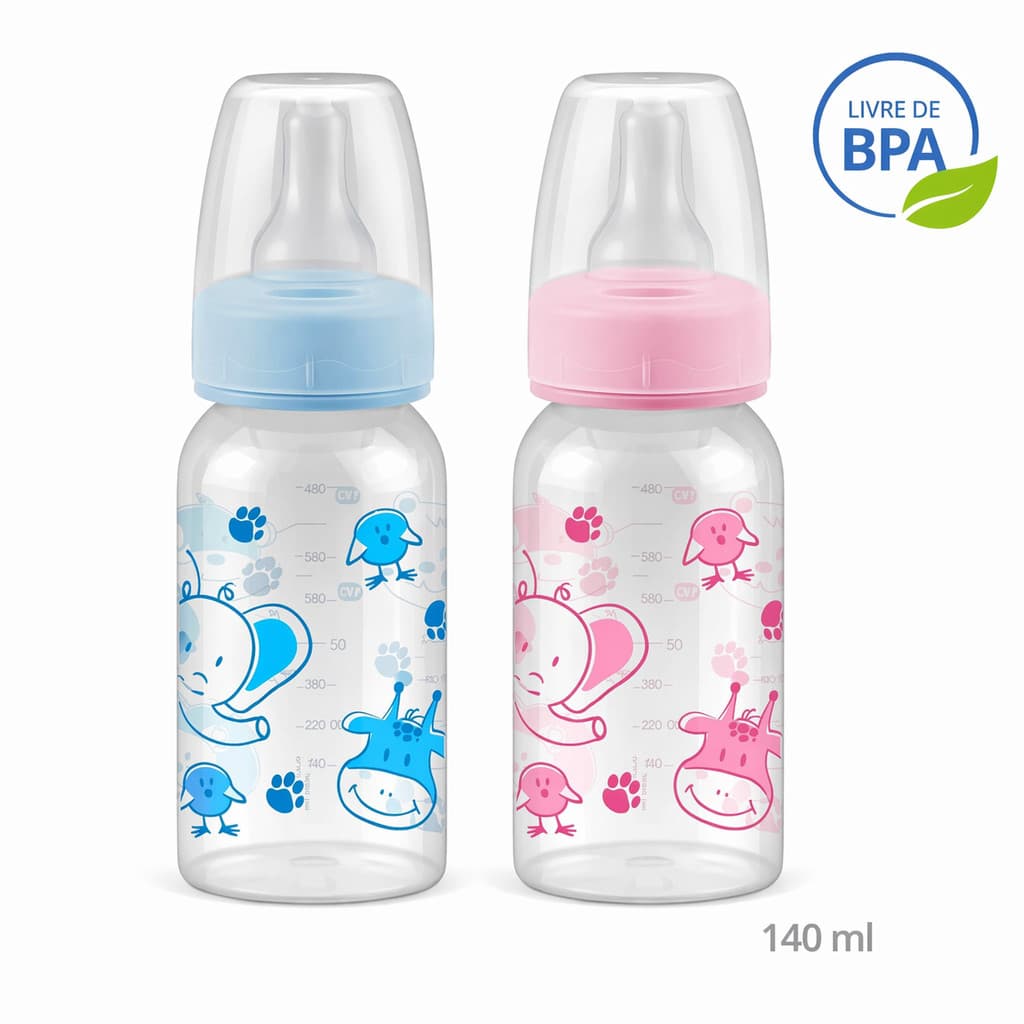 Kit 2 Mamadeiras Bebê 140ml Livre de BPA Bico Redondo Azul/Rosa de Bichinhos  | Envios Imediatos