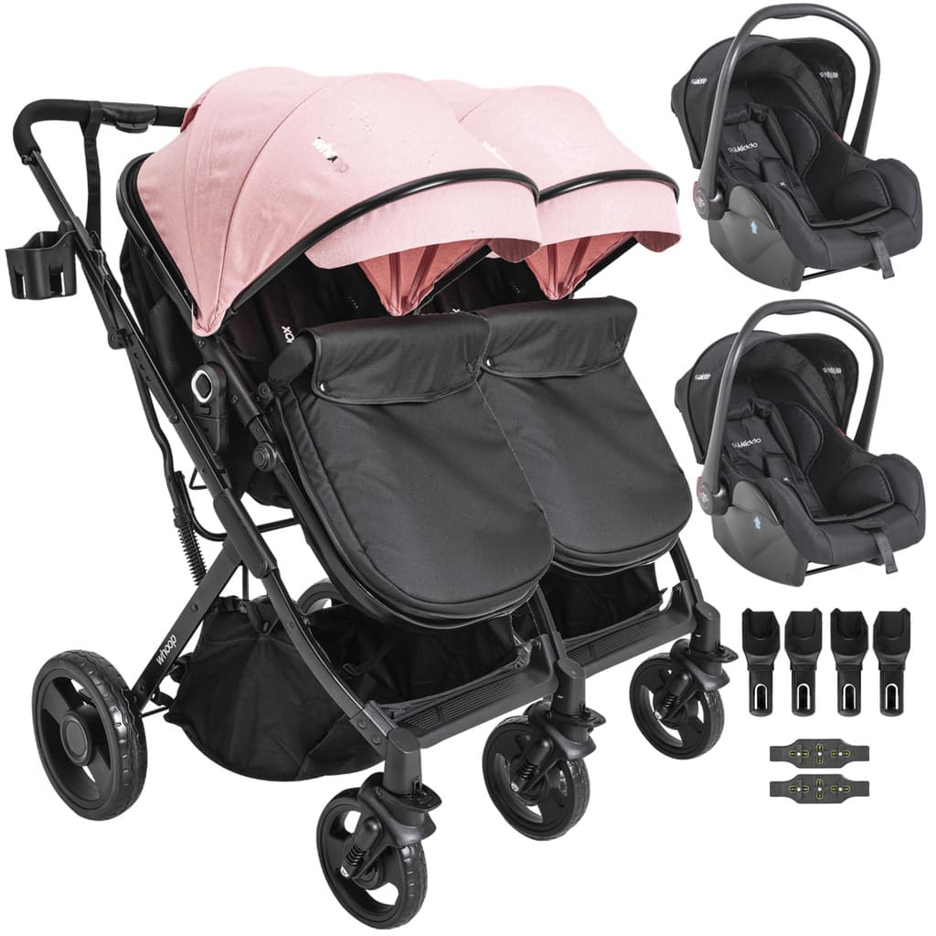 Carrinho Kiddo para Gemeos com 2 Bebe Conforto Vox II Rosa