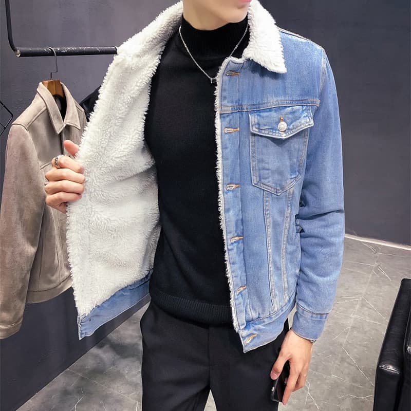 Inverno juventude jaqueta jeans de cor clara masculina velo engrossado cordeiro velo jaqueta masculina versão coreana ma