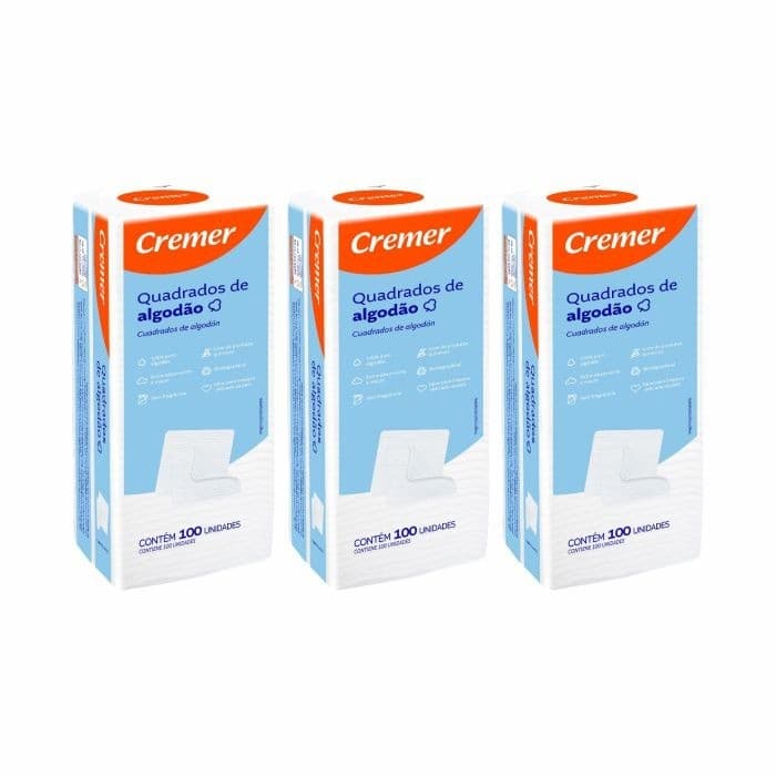 Algodão Quadrado Sem Perfume Cremer 100 UN KIT C/ 3 PACOTES