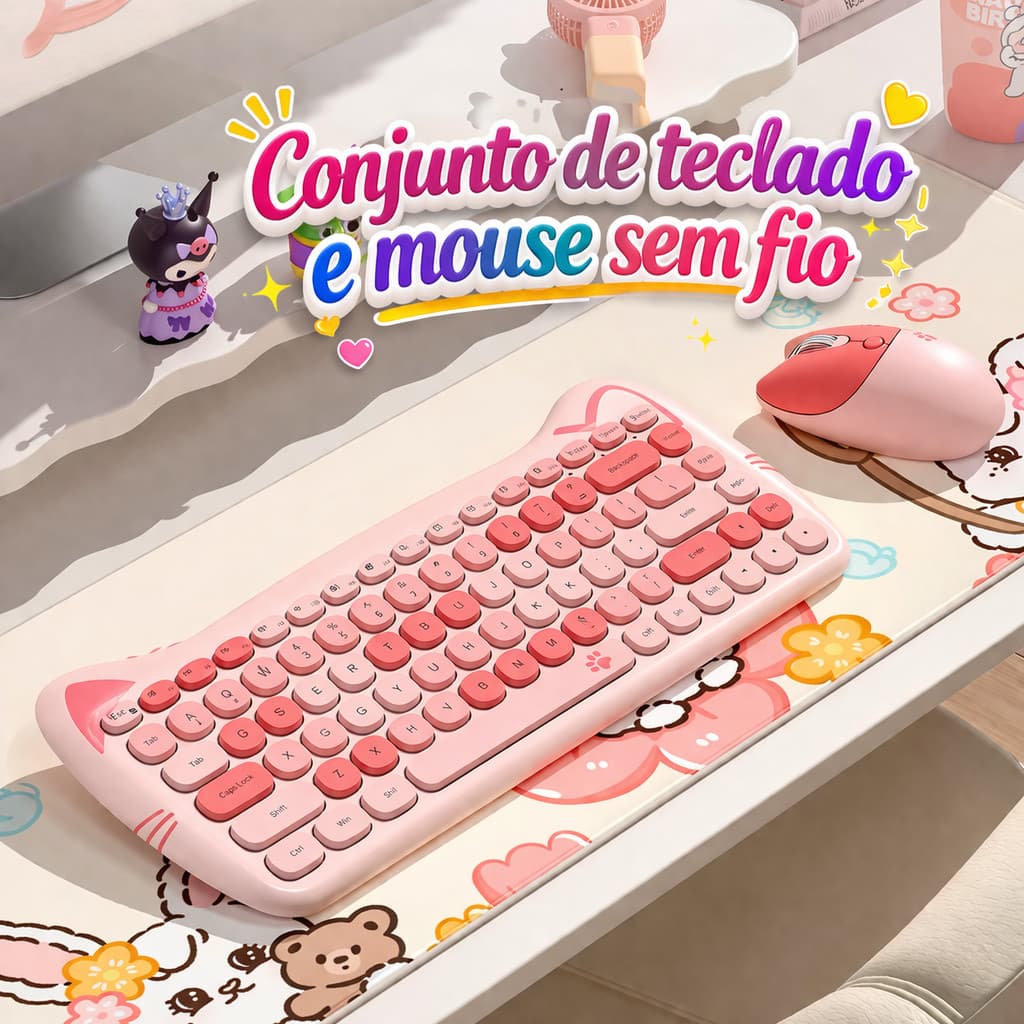 Kit Teclado Gatinho Sem Fio 84 Teclas + Mouse + Mousepad Kawaii RGB Conforto Fofo Pilhas Inclusas