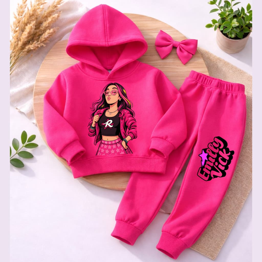Conjunto Moletom Infantil Rosa Chiclete Emily Vick, Estilo Blogueirinha Fashion, Look Moderno Menina inverno e conforto