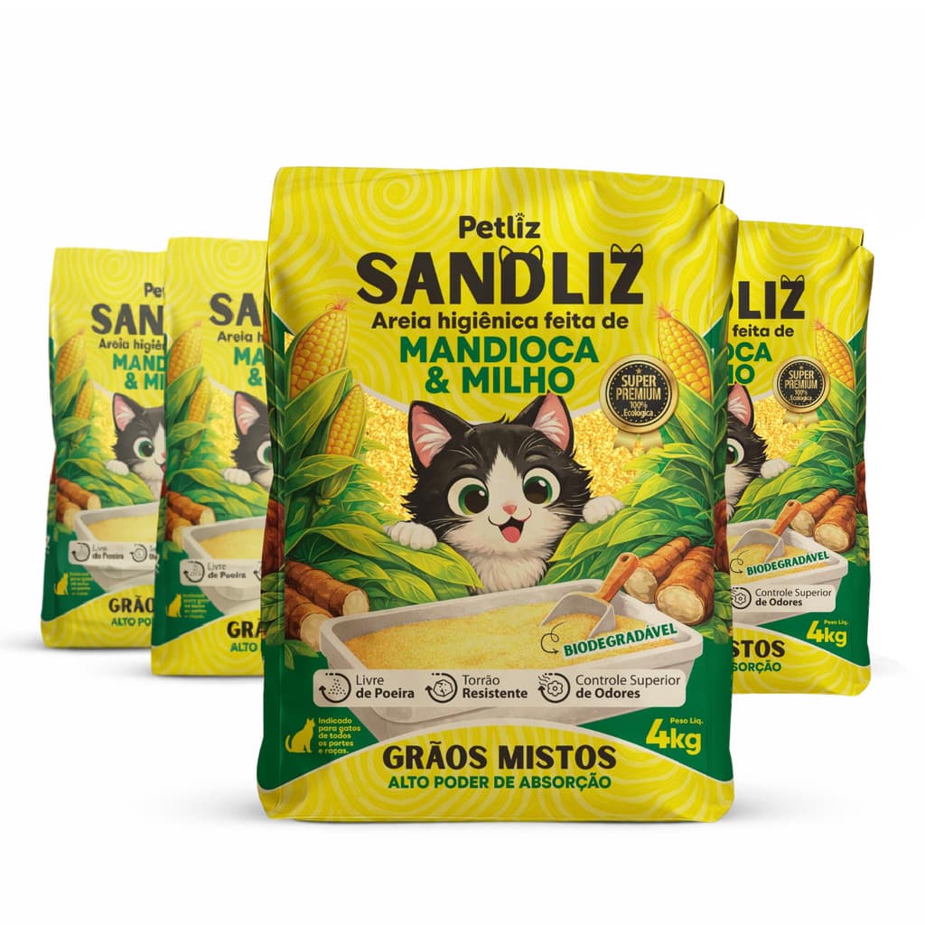 Kit 4 Areia Sanitária Higiênica Natural Premium Mista de Milho e Mandioca Gatos Sandliz Petliz 4 kg