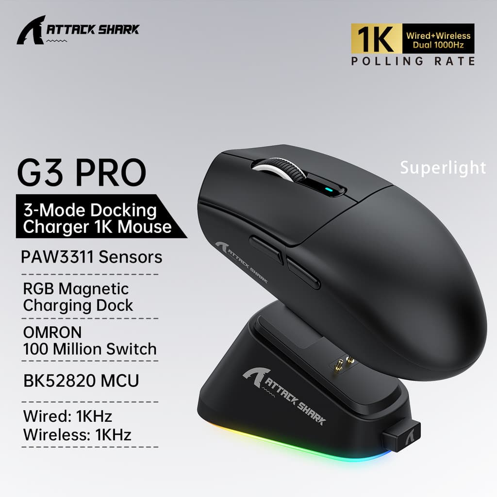 Ataque SHARK G3PRO Gaming Mouse Sem Fio 1K Hz RGB Doca Magnética 62g Ultra-Leve PAW3311 Sensor OMRON 100M Cliques Bateri