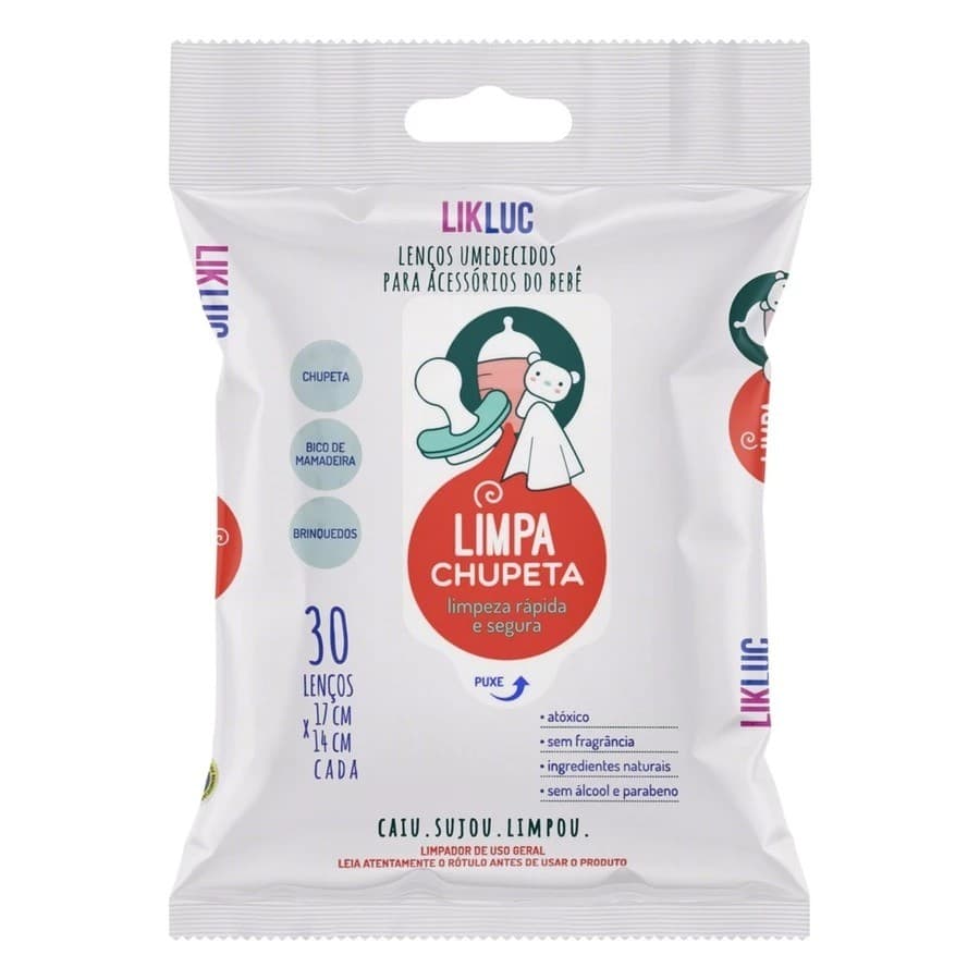 Limpa Chupeta Bico Lenços Higienizadores umedecido Likluc Original Pacote 30 Unidades