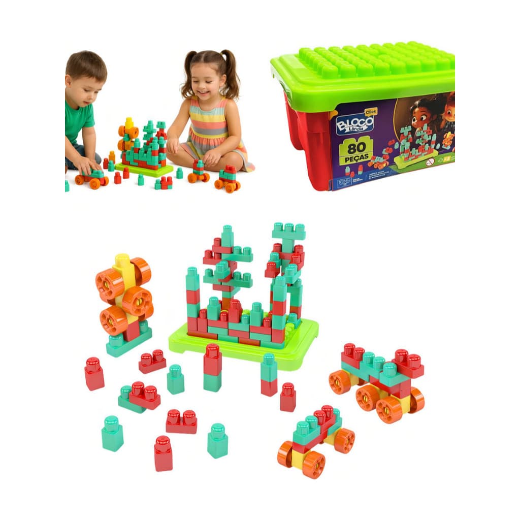 Box Block Click Dismat 80 Peças | XK118 Blocolândia Blocos de Montar Infantil Educativo pedagogico-lego peças grandes