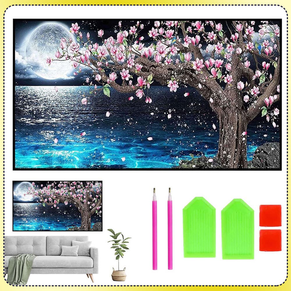 Cena noturna com pessegueiro Pintura diamante 5D DIY Pintura diamante redonda 70x40cm Relaxamento e cura