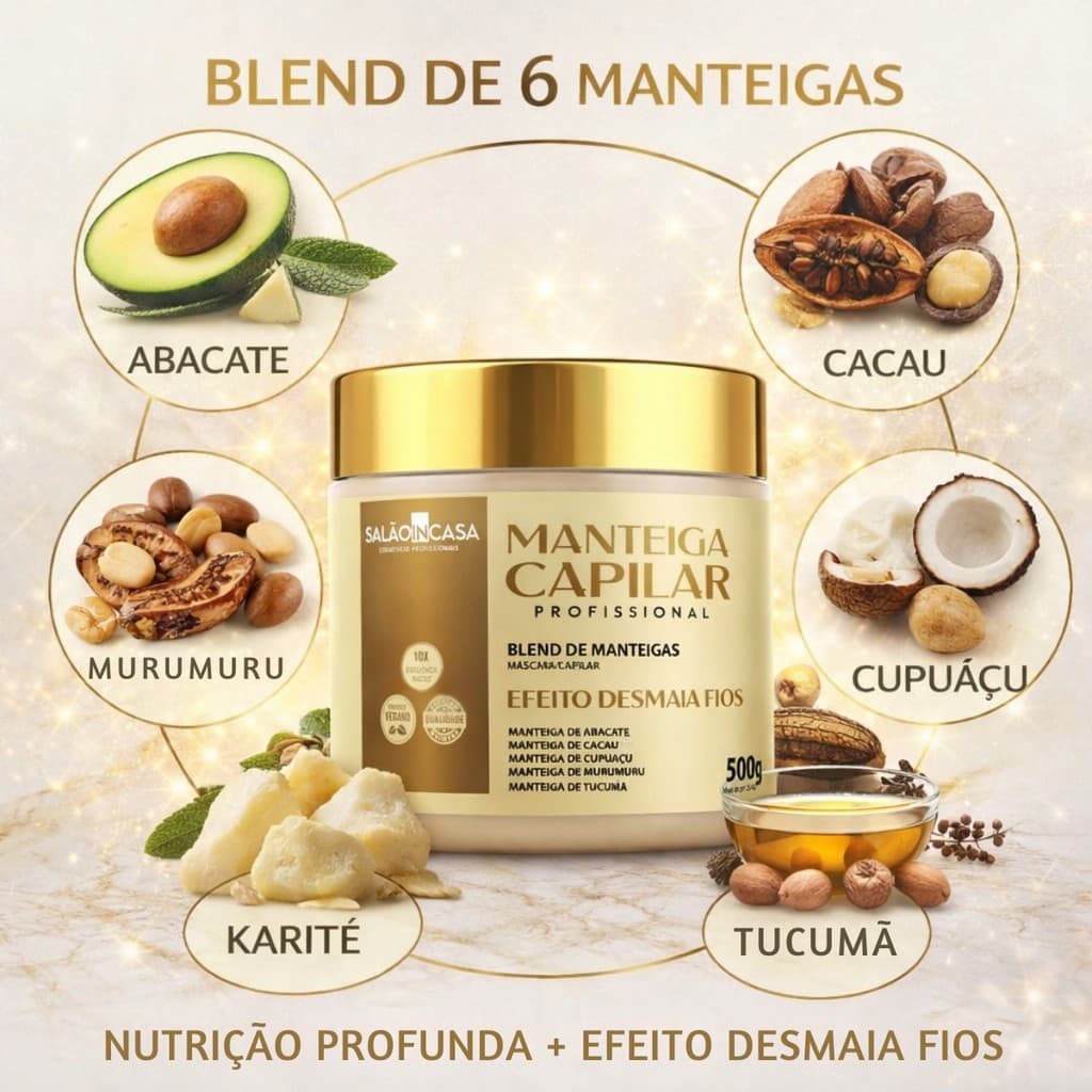 Máscara Capilar Mega Nutrição 500g | 6 Manteigas | Desmaia Cabelo | Nutrição Profunda | Anti Frizz | Salão In Casa
