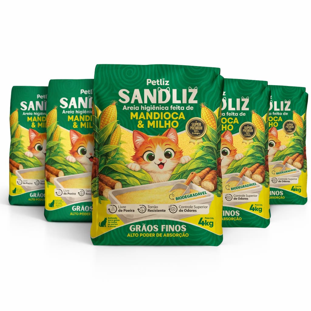 Kit 5 Areia Sanitária Higiênica Natural Premium Fina de Milho e Mandioca Gatos Sandliz Petliz 4 kg