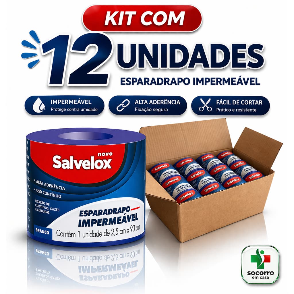 Kit com 12 Esparadrapos Impermeável Salvelox 2,5cm x 0,90m Alta Aderencia Branco