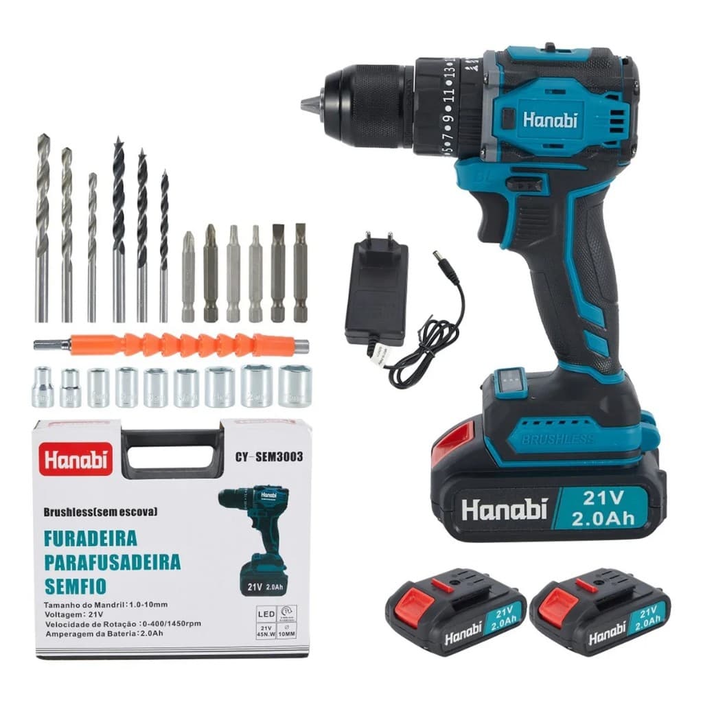 Furadeira Parafusadeira de Impacto Brushless Hanabi 40Nm Torque 21V 2 Baterias Portátil Profissional-Hanabi