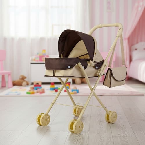 Carrinho de Boneca Infantil Resistente com Bolsa Bege Ferro Capota Ajustável Rodinhas Seguro Crianças 3 Anos INMETRO
