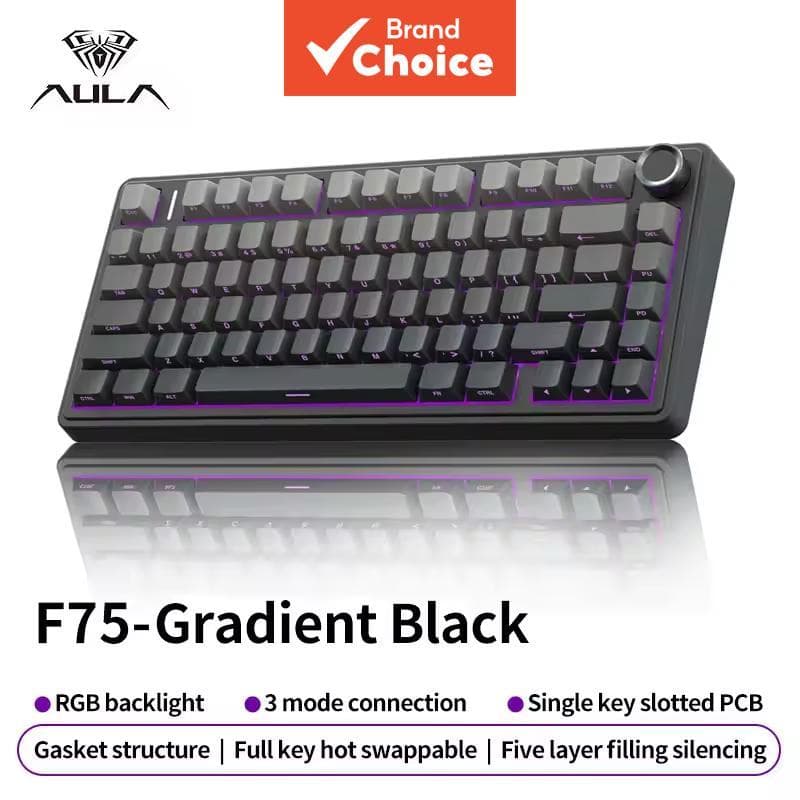  Teclado Mecânico Sem Fio AULA F75 75% - Teclado Personalizável com Comutação Quente, Luz de Fundo RGB, Keycaps PBT com