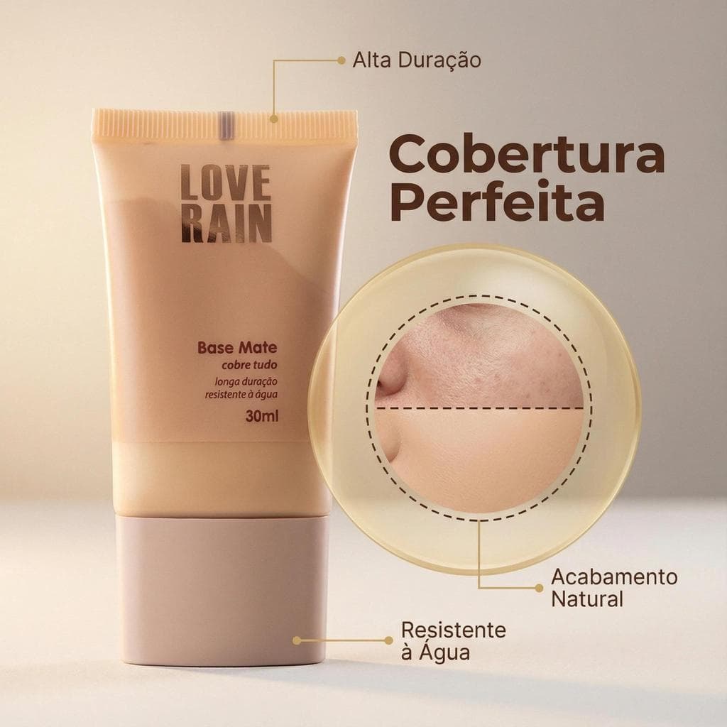 Love Rain Base Líquida Matte Love Rain Alta Cobertura À Prova d'Água Acabamento Perfeito 30ml