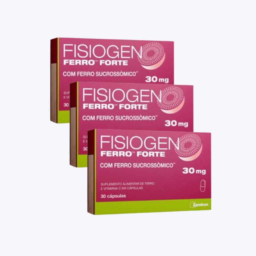 Kit 3 Fisiogen Ferro Forte Suplemento Vitamina C 30 cápsulas