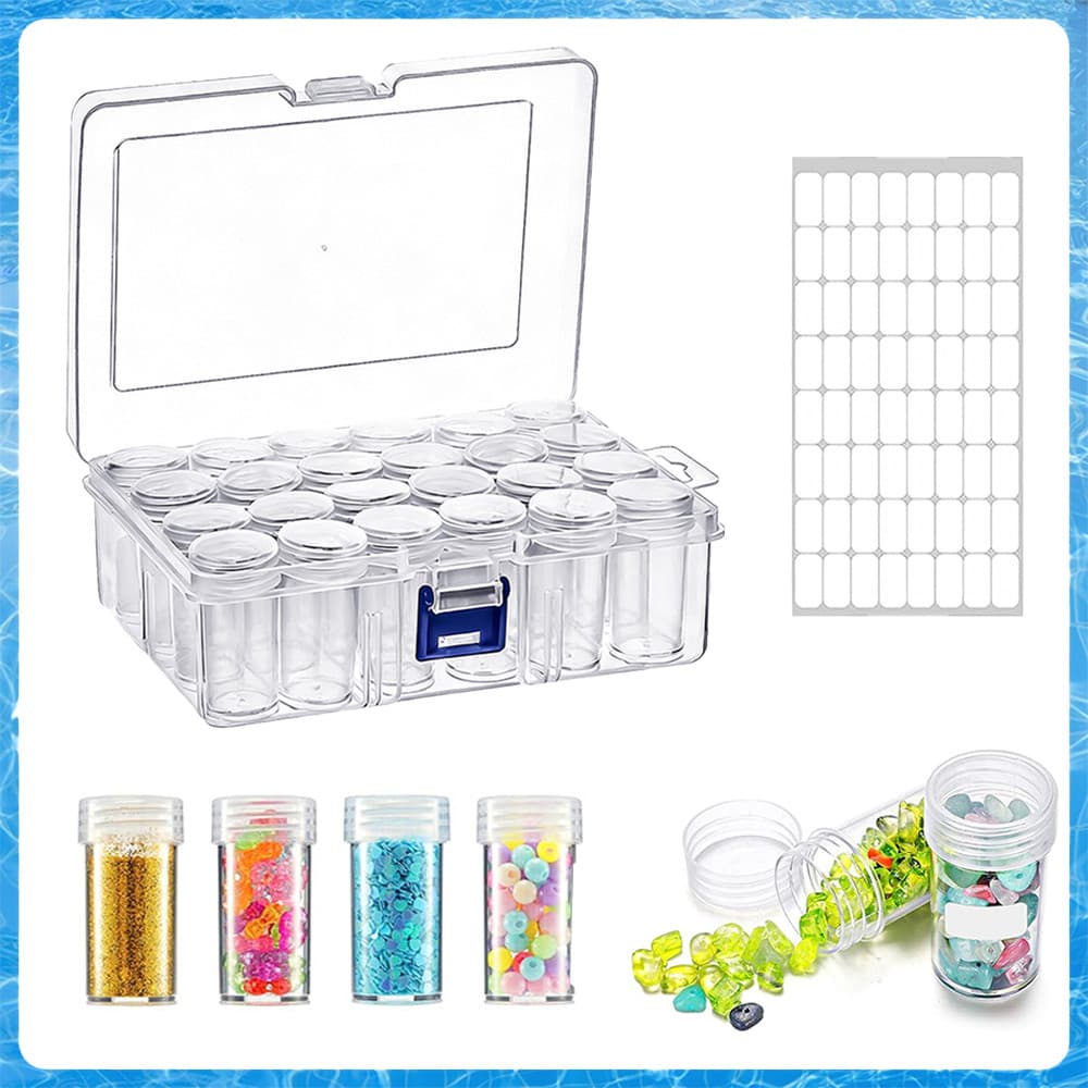 Caixa de Armazenamento para Pintura Diamante 5D 24 Garrafas – Transparente, com Etiquetas, Organizador de Contas