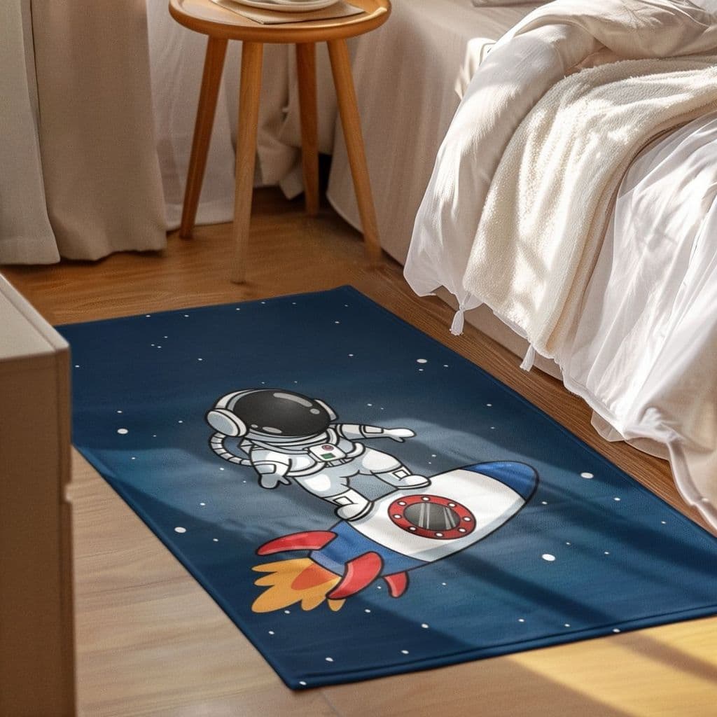 Tapete Decorativo 118x70cm Antiderrapante Sala, Quarto, Espaço  Astronauta no Foguete
