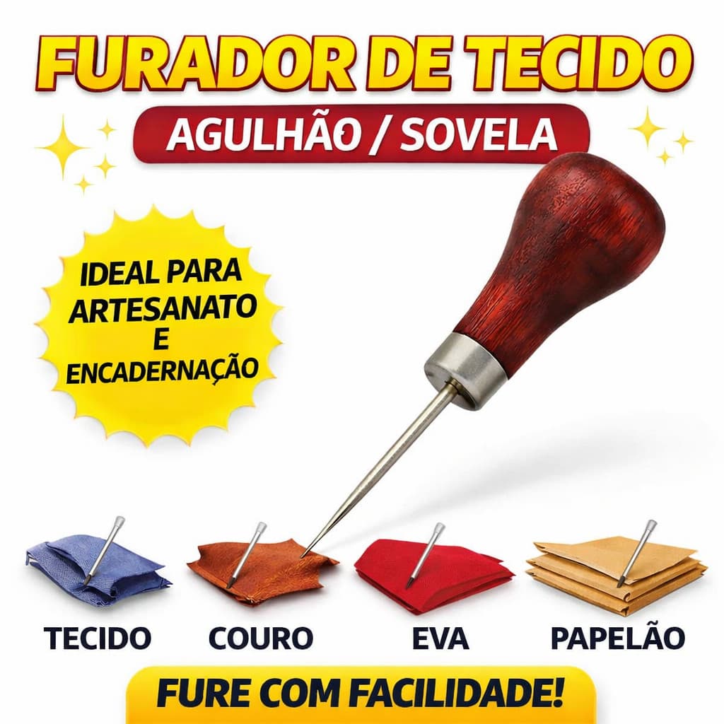 Furador de Couro Tecido Artesanato Patchwork Encadernação Agulhão Sovela