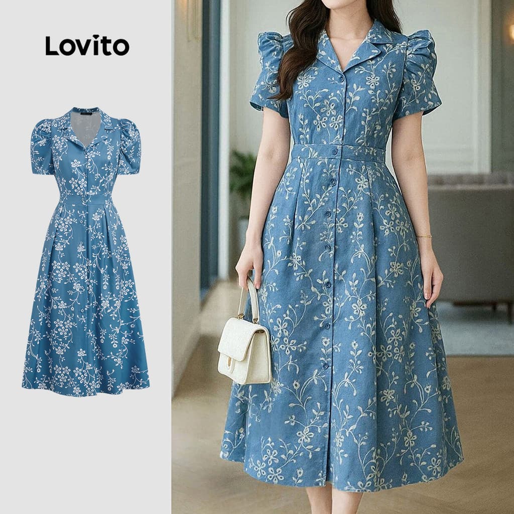 Lovito Elegante Vestido plissado primavera/verão vestido azul para mulheres LK3ED144