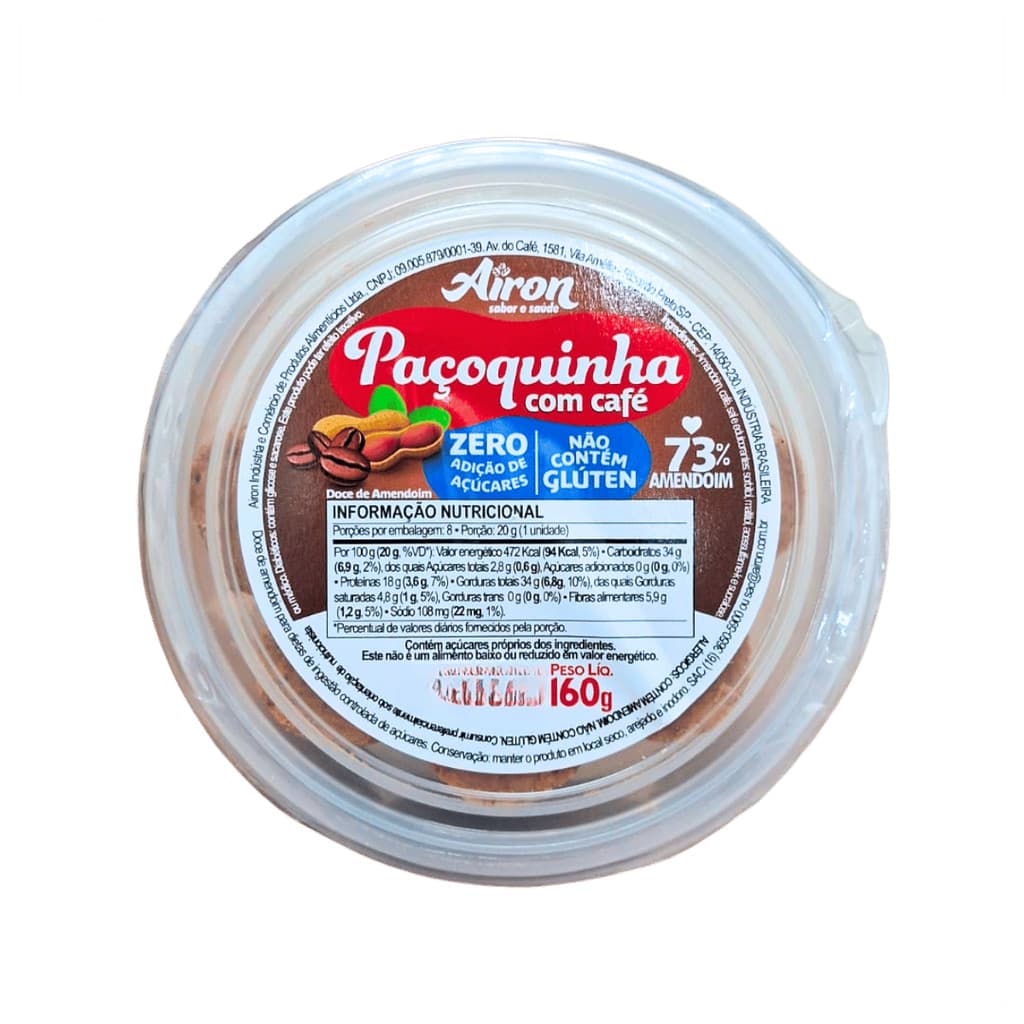 Paçoquinha Zero com Café Sem Gluten Sen Lactose e Vegana Airon 160g – Sabor irresistível e saudável!