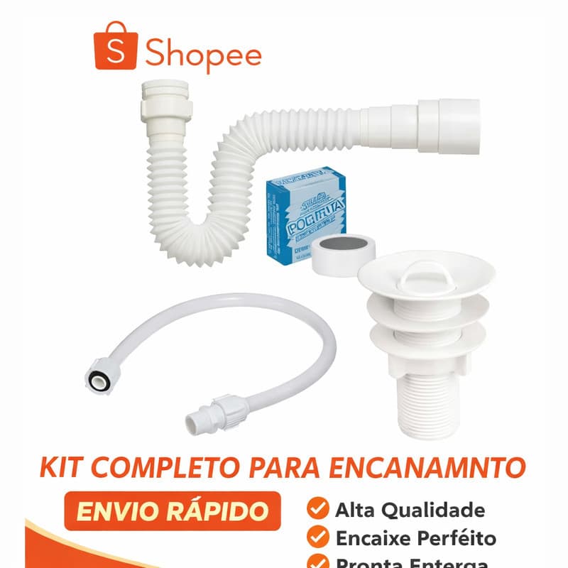KIT Completo Sifão + Engate Flexível 40cm + Veda Rosca + Válvula Lavatório PVC Branco Krona