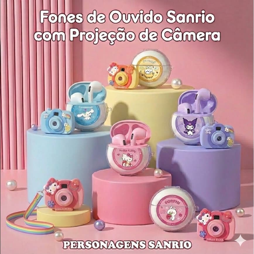 Fone de Ouvido Bluetooth TWS Sanrio com Projeção - Hello Kitty Kuromi Cinnamoroll - Design Câmera Retrô Kawaii