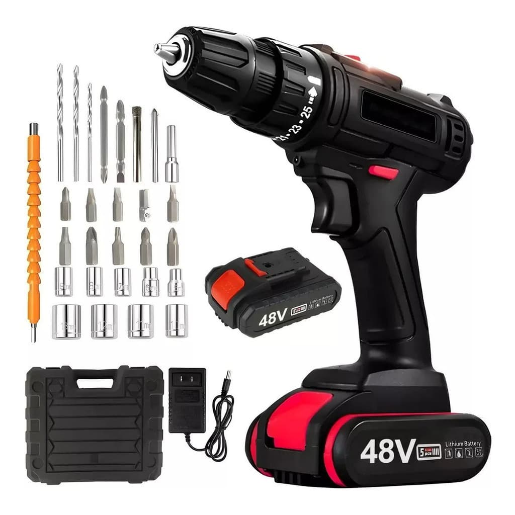 Parafusadeira Furadeira Impacto Profissional 48V Bivolt c/2 Baterias e Kit Brocas para Cerâmica/Concreto/Mármore