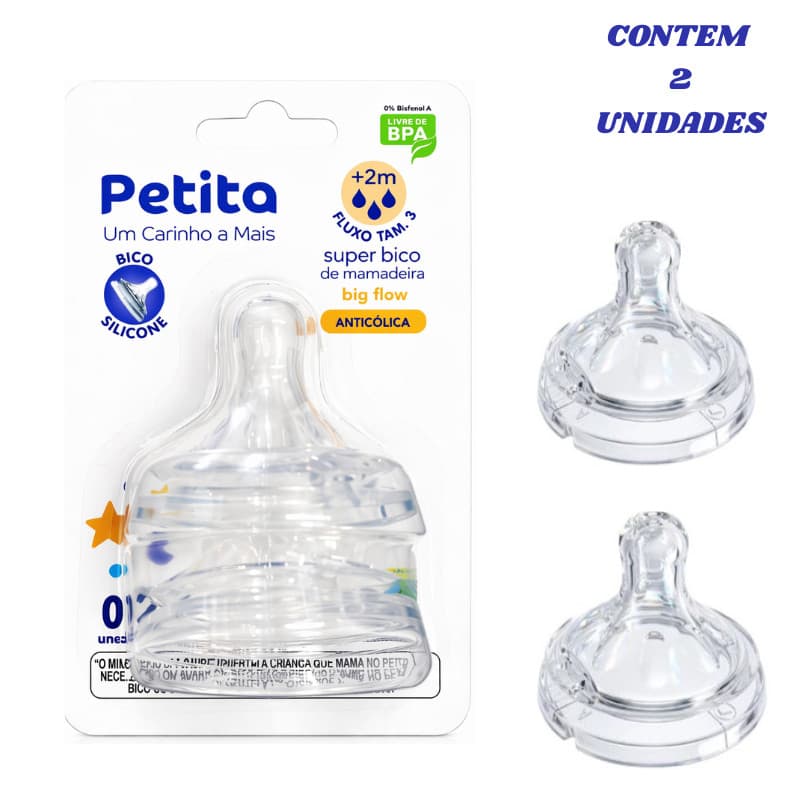 Kit 2 BICOS de mamadeira Petita Big Flow PETALA Silicone Fluxo Rápido Anticólica +2M  BPA Free  BEBE