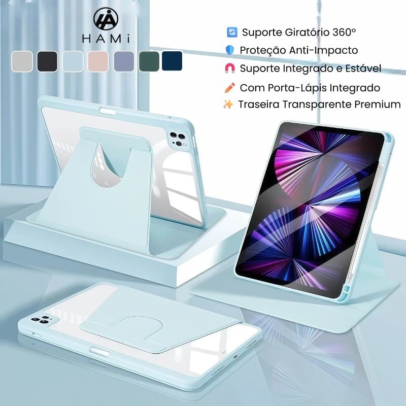 Capa Acrílica para ipad 10/11（A16) e ipad Air–giratório 360°, Antichoque, com Suporte para Pencil