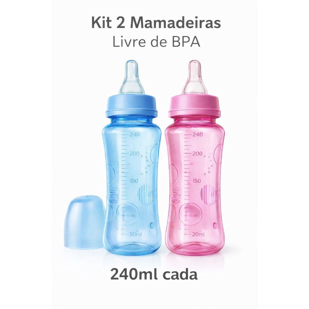 Kit 2 Mamadeiras Bebê 240ml Livre de BPA Bico Redondo Azul/Rosa