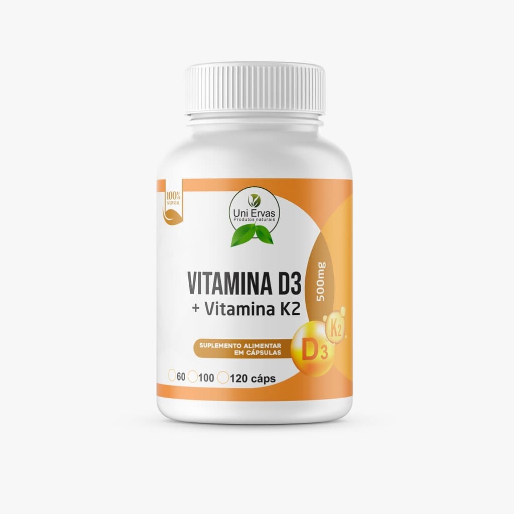 Vitamina D3 + Vitamina K2 Uni Ervas 120 Cápsulas Suplemento Alimentar Premium