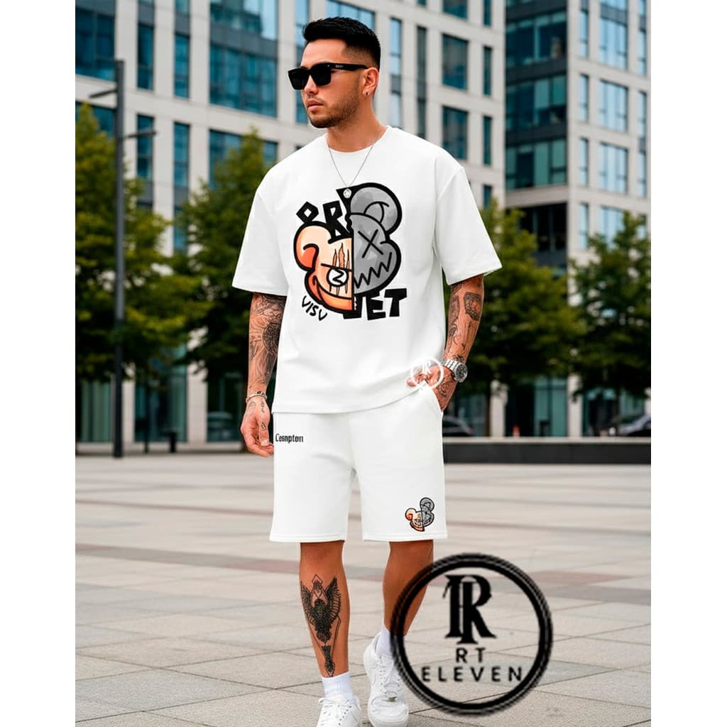 Kit Camiseta + Short Moletom Conjunto Masculino Urso CompT Camisa  Malha Algodão Bermuda Moletom Linha Premium RT