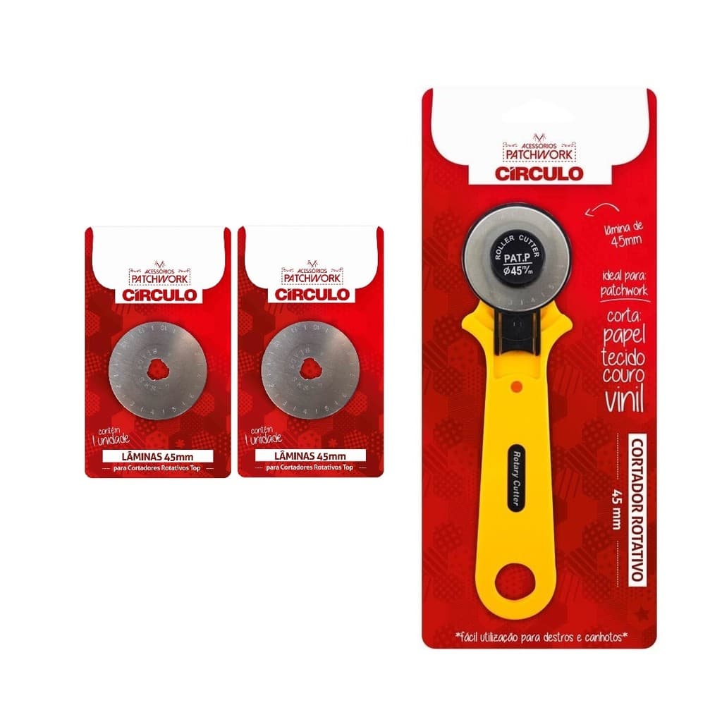Kit Cortador Rotativo Tecido Lamina 45mm Patchwork Círculo + 2 Lâminas Disco 45mm Circulo
