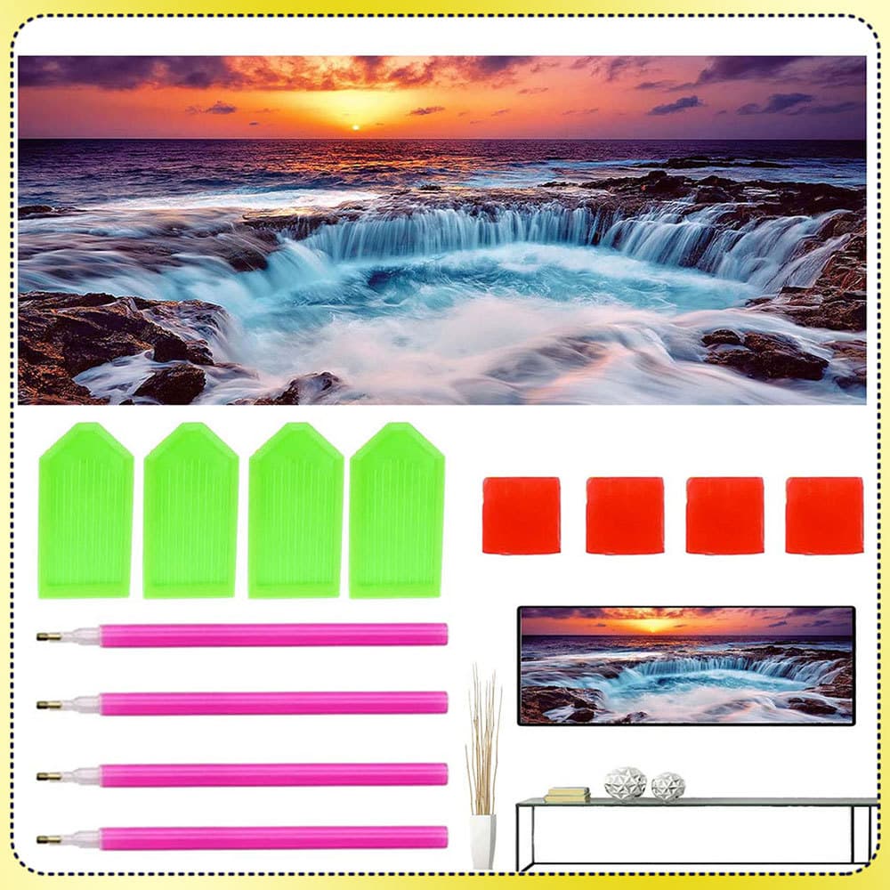 Pôr do sol à beira-mar 120x40cm Pintura redonda com diamantes 5D Pintura com diamantes DIY