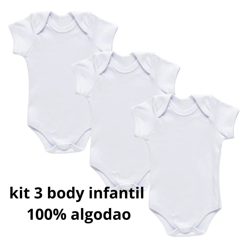 Kit 3 Body Infantil Branco Algodão Unissex Confortável Básico para Dia a Dia Enxoval Bebê