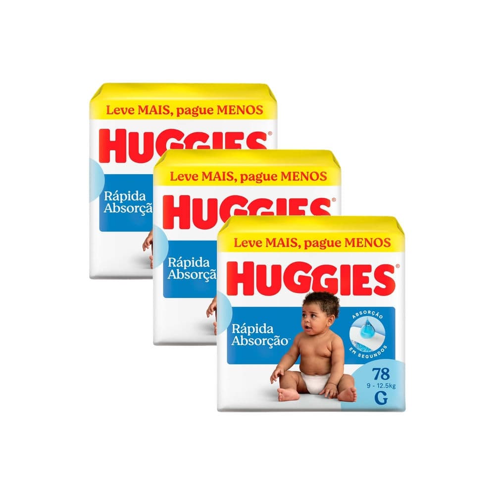 Kit 3 Fralda Huggies Rápida Absorção Tamanho G Pacote Hiper 78 Unidades Descartáveis Leve Mais Por Menos