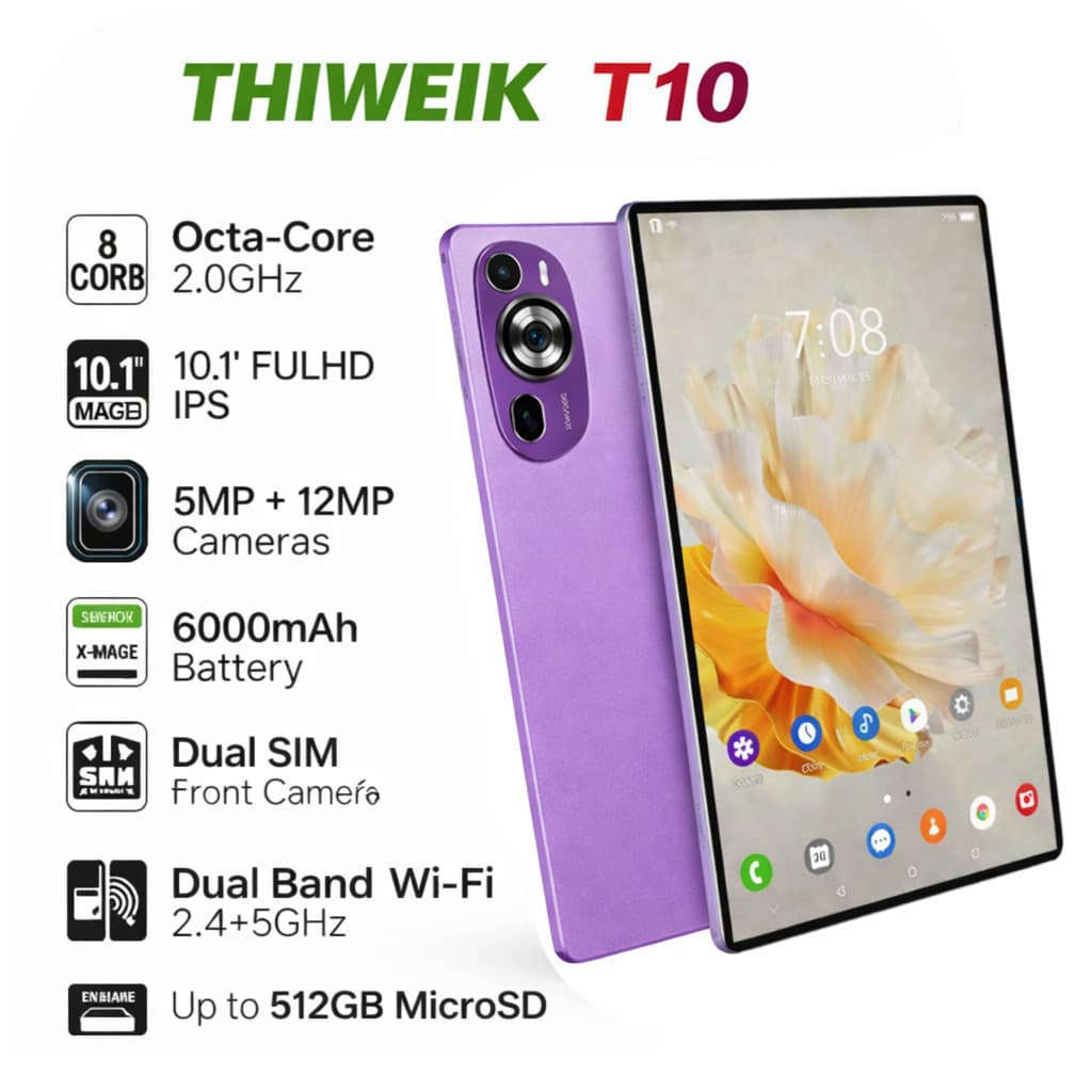 Tablet Android 512GB Memória 12GB Ram 10,1' Polegadas T10 Roxo 4G Wi-Fi Octa-Core + Teclado e Mouse