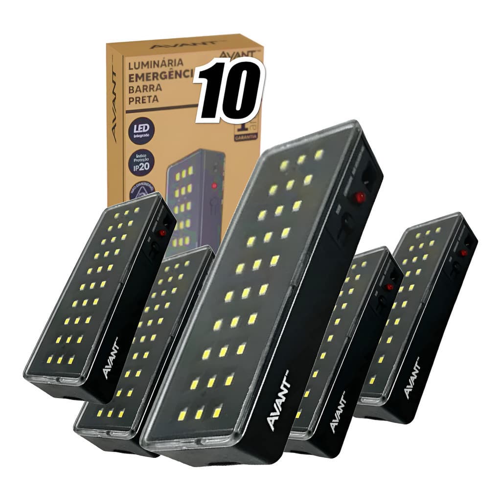 Kit 10x Luminária Emergência Led Barra 1w Avant 30 Led Preto