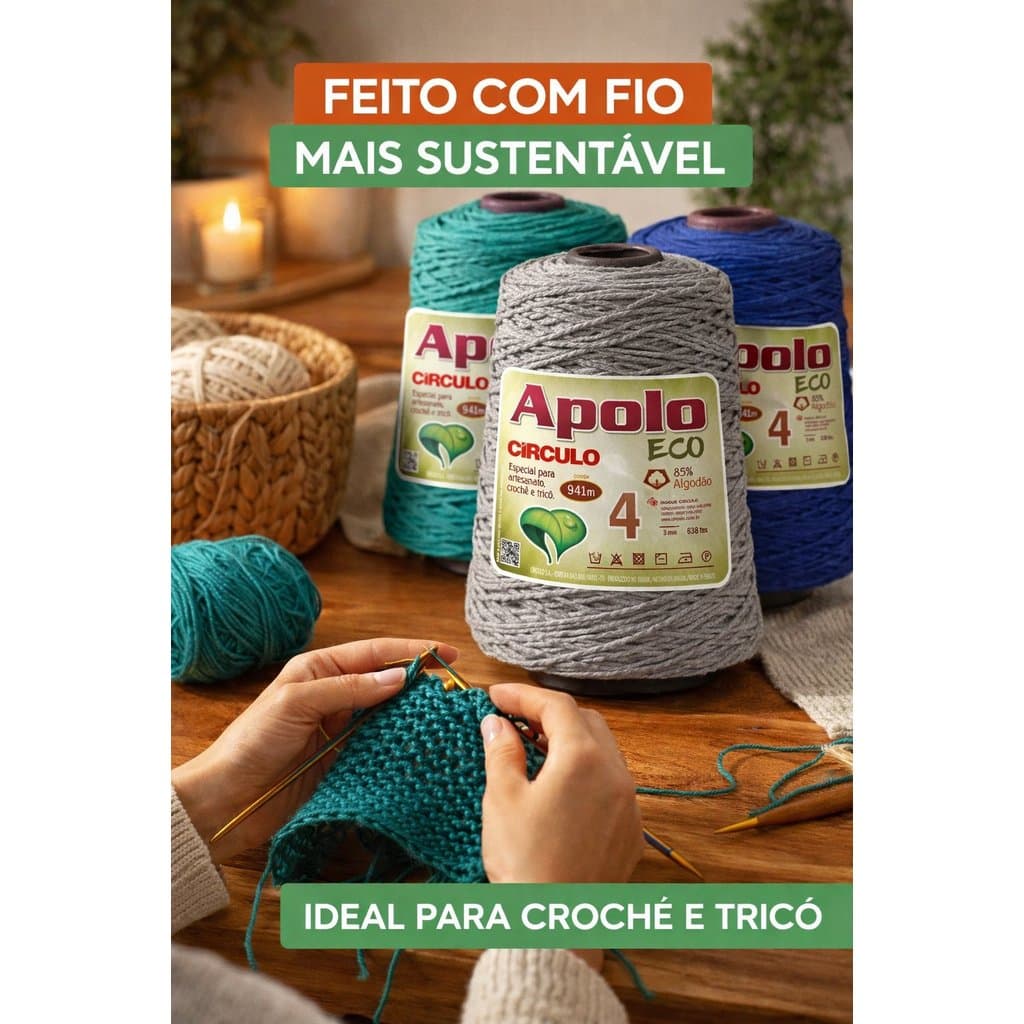 Barbante Apolo Eco Círculo Fio 4 941m 85% Algodão – Ideal para Crochê, Tricô e Artesanato