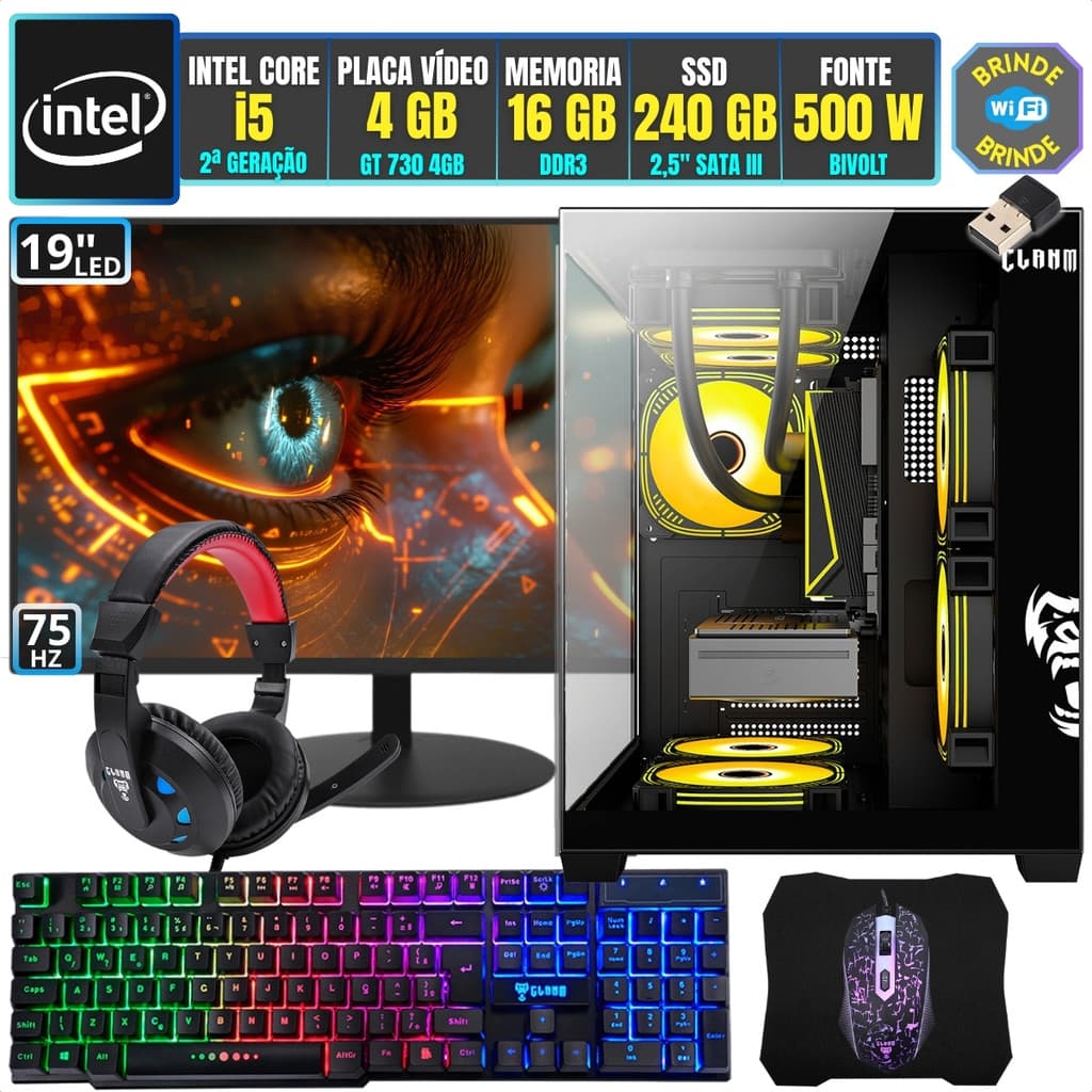 PC Gamer Computador Completo Kit Intel i5 16GB SSD 240GB Placa Vídeo 4GB Monitor 19 Gabinete Pronto