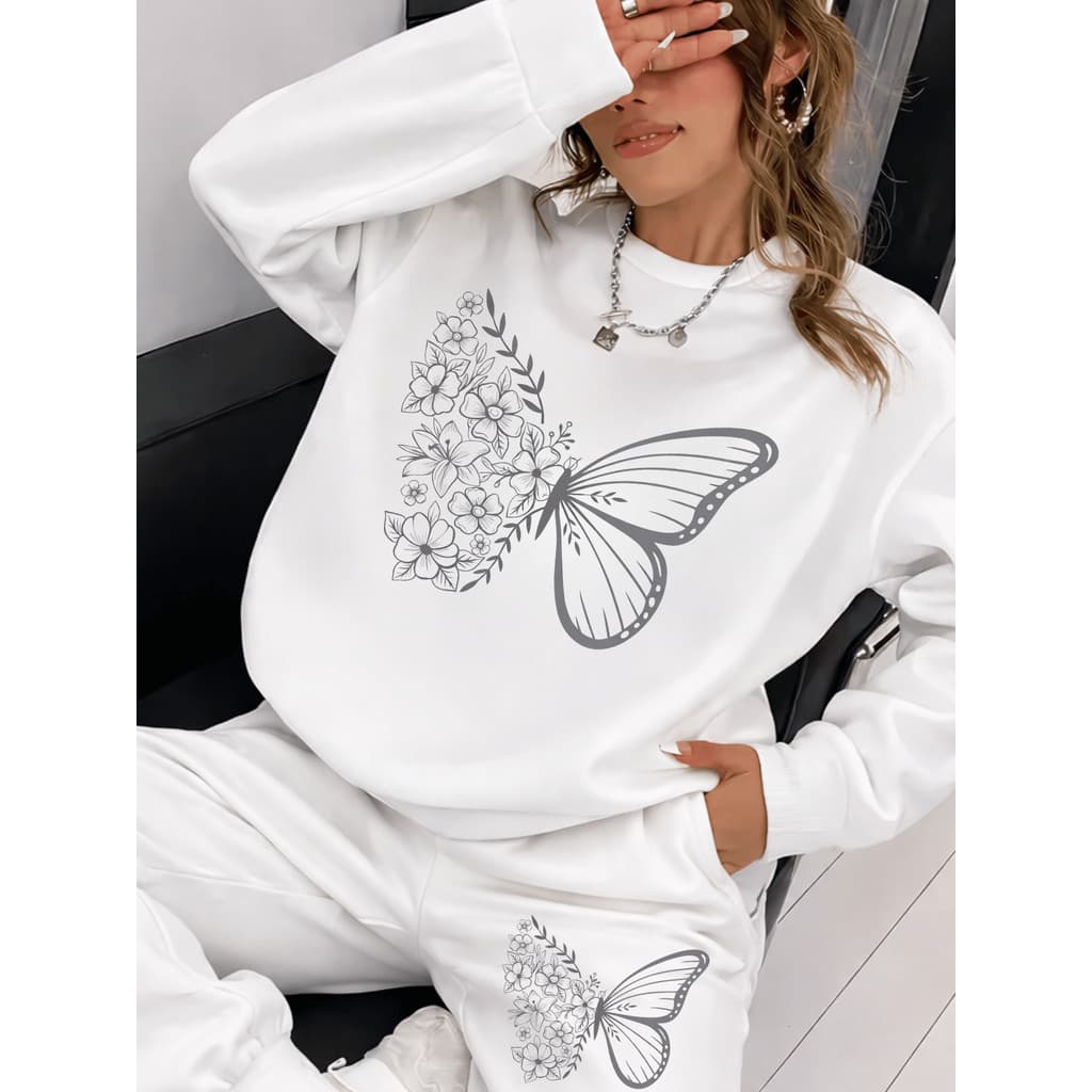 Conjunto de Blusa Moletom e Calça Jogger Butterfly and Flower Casual Feminino Delicado