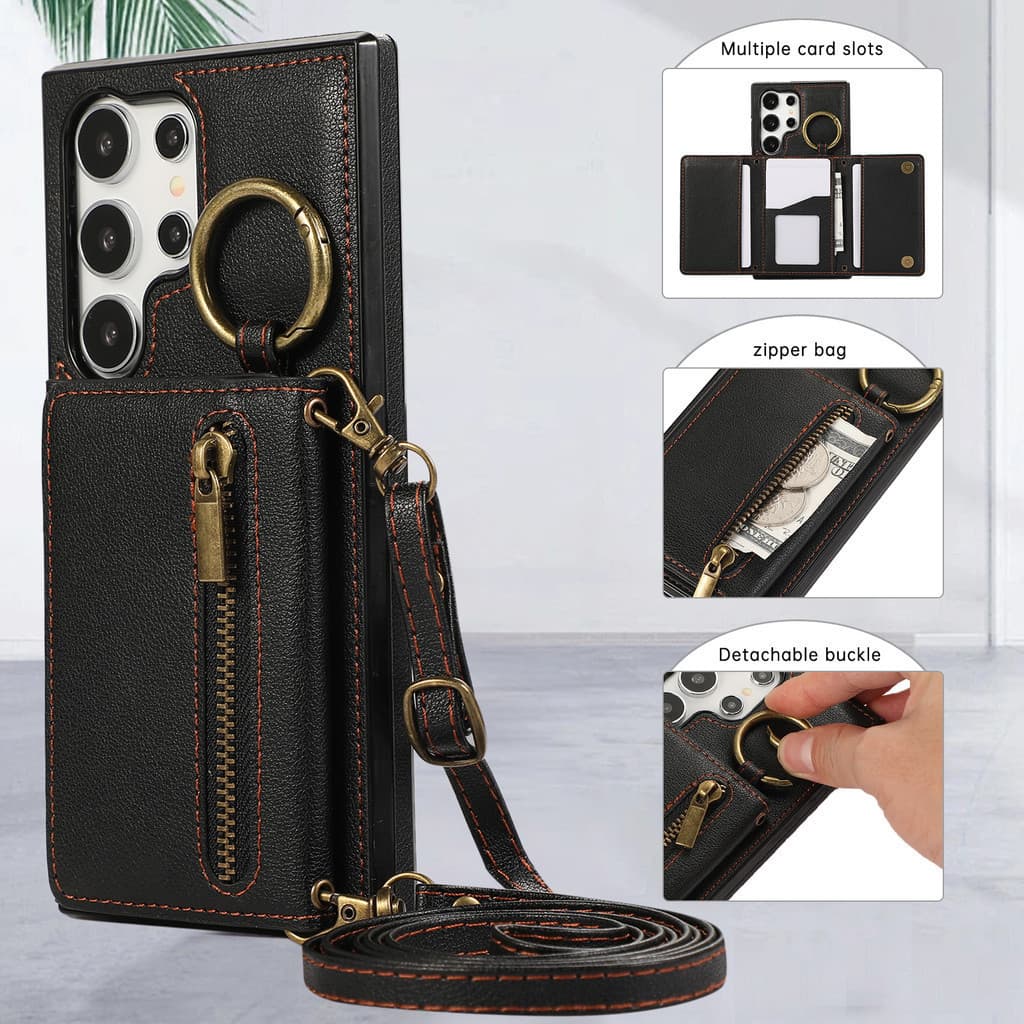 Capa com porta-cartões para Samsung S26 Ultra com alça de cordão, capa flip de couro, capa para celular Samsung S23 Ultr