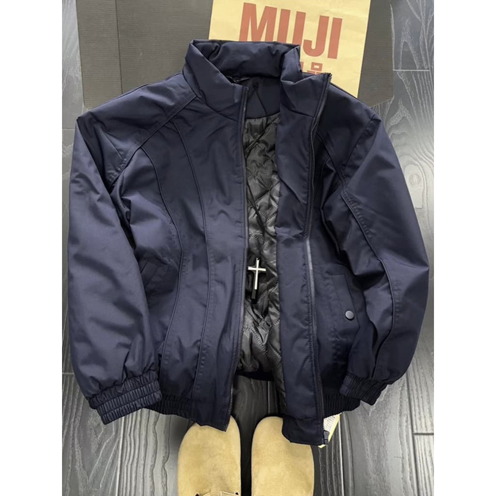 Azul marinho gola alta jaqueta de vôo acolchoado jaqueta masculina inverno engrossado cleanfit para baixo jaqueta curta 