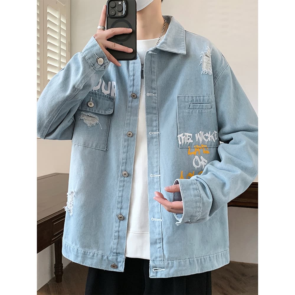 Jaqueta jeans masculina High-End sentimento rufião bonito outono novo estilo lavado angustiado macacão jaqueta masculina